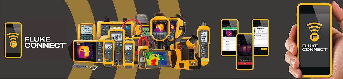 Fluke Connect compatible test equipment and app screens shown on a mobile phone